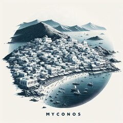 Illustration of Myconos island town, Greece