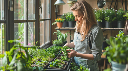 gardening home. Girl replanting green pasture in home garden.indoor garden,room with plants banner Potted green plants at home, home jungle,Garden room gardening, Plant room, Floral decor.