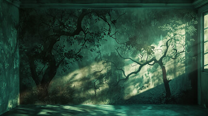 A forest green wall featuring a mystical, abstract enchanted grove, with trees and shadows subtly morphing into shapes of forest spirits and animals