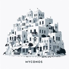 Illustration of white houses in Myconos, Greece