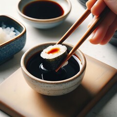 Design of sushi held with chopsticks and dipped into soy sauce