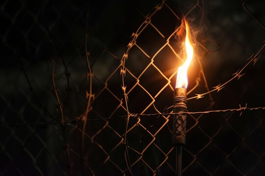lit torch behind a barbedwire fence in the dark
