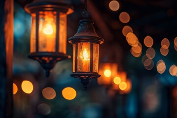 Amber lanterns cast a warm glow, guiding the way through the dark city streets on a peaceful night