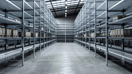 Empty shelving racks in warehouse interior.