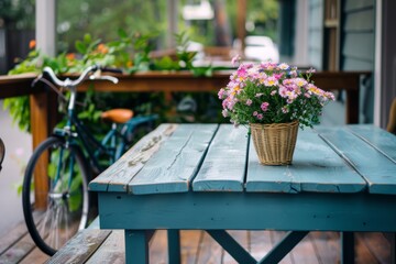 Fototapeta na wymiar A charming scene of nature and home decor, with a basket of colorful flowers resting on a wooden table next to a bicycle wheel, creating a cozy outdoor atmosphere