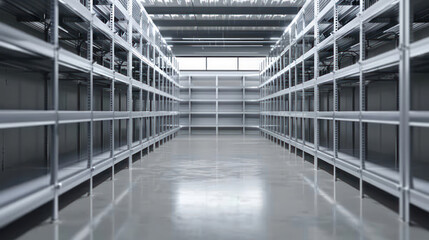 Fototapeta premium Empty shelving racks in warehouse interior.