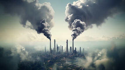 factory with large pipes and smoke pollutes the air, the atmosphere and the threat to the environment, the problem of carbon footprint, global warming