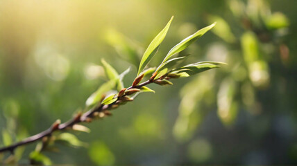 Close up photo of a green branch with buds and leaves on defocused background illuminated with the sun, spring banner, space for text