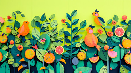 A lime green wall featuring a vibrant, abstract depiction of a citrus grove, with fruit and leaves transforming into small, playful animals