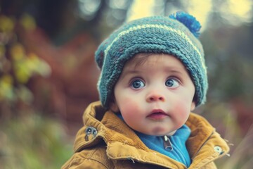A cherubic young boy embraces the chilly outdoor air, his rosy cheeks peeking out from beneath a cozy knit beanie, adding an extra touch of cuteness to his already adorable face