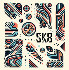 Skateboard SK8 subculture design elements, youth style, decor of clothing, accessories, sportswear