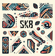 Skateboard SK8 subculture design elements, youth style, decor of clothing, accessories, sportswear