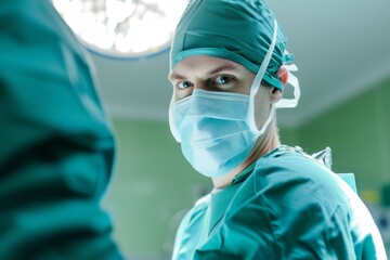 A medical professional in green scrubs prepares for a surgical procedure, donning a mask and gloves while surrounded by equipment in the sterile operating theater of a hospital