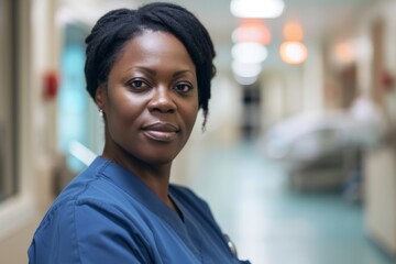 Obraz premium A joyful woman in blue scrubs stands in front of a plain wall, her black hair framing her smiling face as she gazes at the camera with raised eyebrows and a warm smile