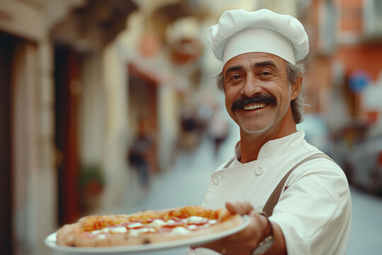 Fototapeta Happy restaurant chef smile while holding a pizza in hand, italian street background with copy space 
