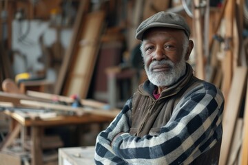 Fototapeta premium A wise, weathered man with a flowing white beard and a worn hat stands amidst the elements, his portrait revealing a life of rugged adventure and humble wisdom