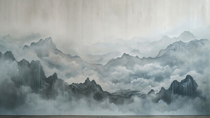 A mural on a cool grey wall, depicting a misty, abstract mountain range, with clouds and fog forming shapes of wild animals