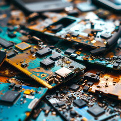 Broken electronic components, specifically a shattered mobile phone, highlighting e-waste concerns - obrazy, fototapety, plakaty