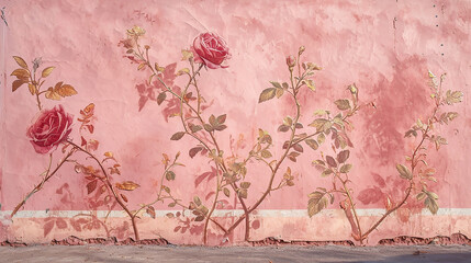 A mural on a dusty pink wall, showcasing an abstract, blooming rose garden, with petals and thorns subtly forming animal outlines