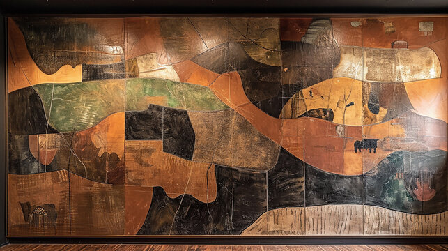 A mural on a copper brown wall, depicting a rustic, abstract farm scene, with fields and barns subtly forming shapes of farm animals and crops