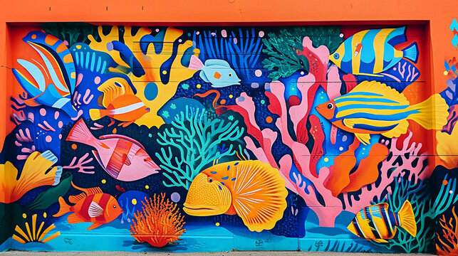 A mural on a coral orange wall, depicting a vibrant, abstract coral reef scene, with corals and fish merging in a colorful underwater dance