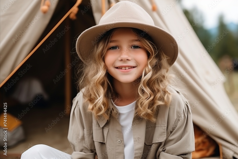 Canvas Prints portrait of smiling little girl in hat and coat sitting near tent