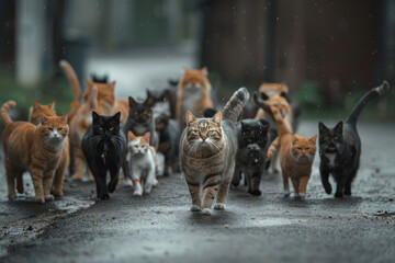 cat king leading group of cats on street - obrazy, fototapety, plakaty