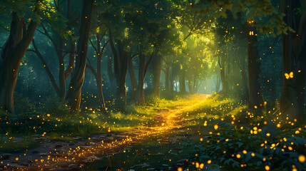 A forest with a forest and a firefly flying above it,
Enchanted forest landscape with glittering leaves magic
