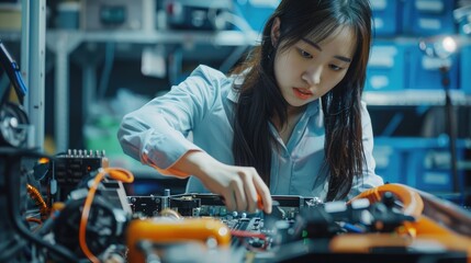 Asian girls enjoy making and fixing electrical robot car and learning online tutor training course