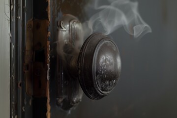 closeup of a metal doorknob on a door with smoke rising from edges