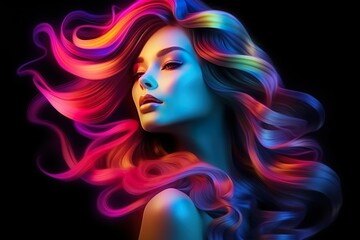 User
Portrait of female fashion model in neon light on dark studio background with colorful hairs