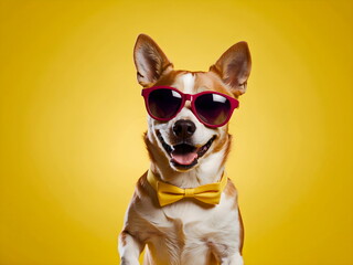 funny Dog with sunglasses with yellow background generative AI