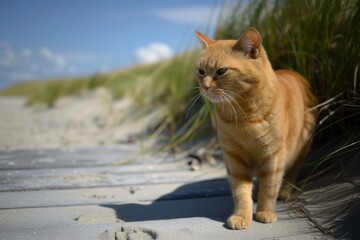 cat on a beach walkway with dunes and grass in the background