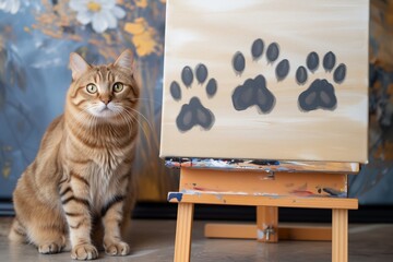cat next to an easel with paw prints on canvas