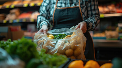 Grocery store employee cashier meticulously organizes fresh lettuce into reusable plastic bag,...