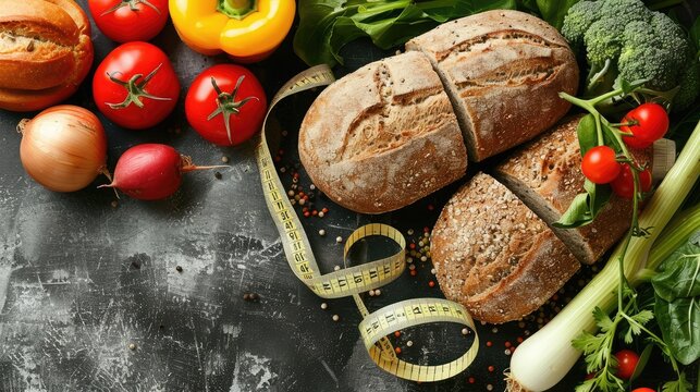 Healthy food for diet as bread fruit and vegetables with measurement tape