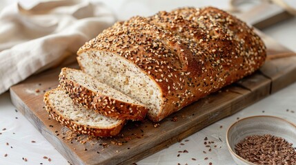 Naklejka premium Multi grain sourdough bread with flax seeds cut on a wooden board, closeup view. Healthy vegan bread choice