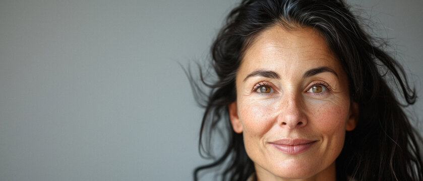 Happy attractive confident European woman of middle age posing for beauty portrait. Beautiful mid aged mature lady smiling on background, attractive female model looking at camera. Close up face .