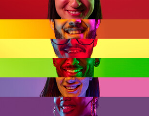 Collage of close up lips of different races people in neon light against multicolored studio...
