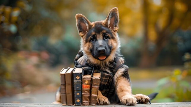 German Shepherd Puppy Reading Books in Outdoor Environment
