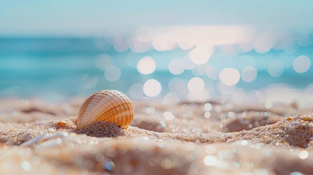 Shell on sand at beach and blue sky and bokeh sea