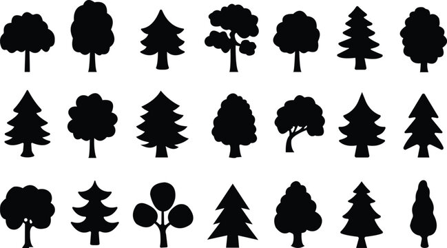 Trees flat icons set. Plants, landscape design, fir tree, succulent, privacy shrub, lawn grass, flowers black vector collection isolated on transparent background. tree simple silhouettes nature.