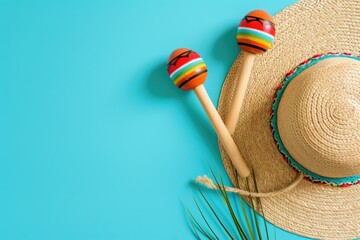 Mexican straw hat and maracas, Mexican holiday concept May 5, Cinco de Mayo, blue background. - obrazy, fototapety, plakaty