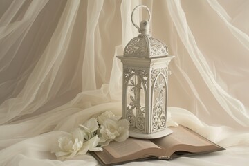 White Moroccan lantern with book of Quran, Ramadan celebration, beige background.