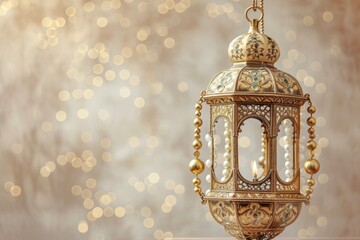 Moroccan lantern with gold beads and rosary, Ramadan celebration, beige background.