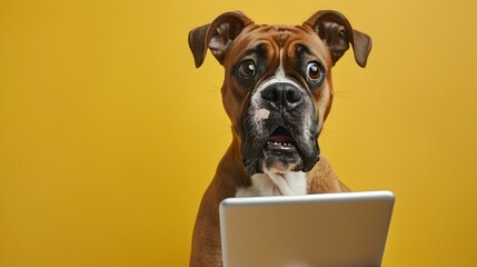 Boxer Dog Surprised by Computer Game on Laptop
