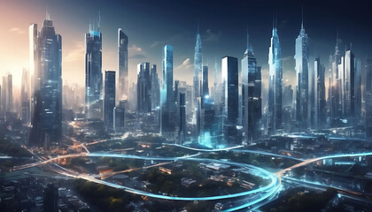 Digital modern futuristic city architecture buildings city scape in urban technological background banner  