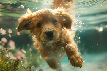 puppy swimming under water in a summer pool