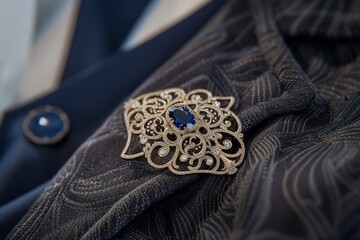 sapphire brooch on a lapel of a persons jacket, detail of the intricate design - obrazy, fototapety, plakaty