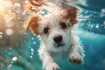 puppy swimming under water in a summer pool